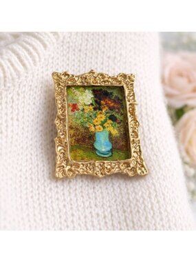 Mini Art Painting Brooch Van Gogh Style Floral Vase Gold Tone Pin 1.5"